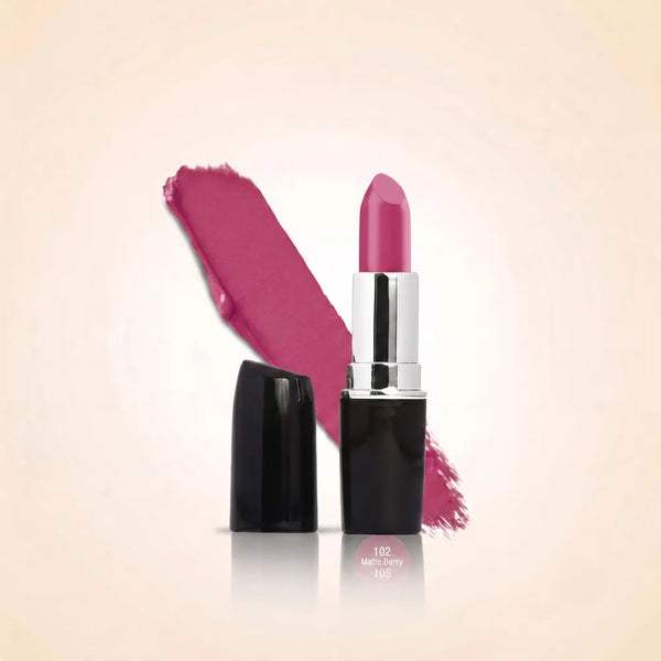Swiss Miss Classic Lipstick in shade Flamingo Funk M-525 featuring black bullet tube with silver casing and a vibrant magenta pink lipstick swatch.