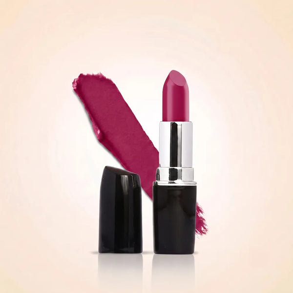 Swiss Miss Classic Lipstick in shade Raspberry Rose M-257 featuring black bullet tube with silver casing and a vibrant magenta raspberry pink lipstick swatch.