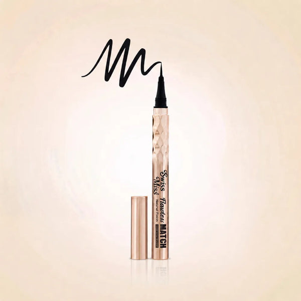 Swiss Miss Flawless Match waterproof black liquid eyeliner bottle with rose gold metallic textured casing, fine tip applicator, and precise black swatch.
