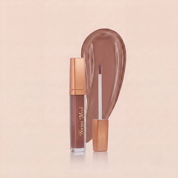 Swiss Miss High Shine Lip Gloss in shade 108 Coca Dusk featuring rose gold cap, applicator wand, and rich cocoa brown lip gloss swatch.