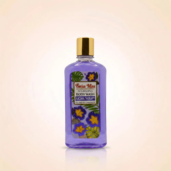 Swiss Miss Nourishing Aroma Therapy Body Wash 440ml bottle featuring purple liquid, gold cap, and tea tree oil and magnolia floral label.