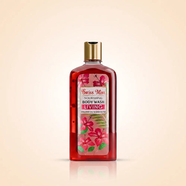 Swiss Miss Nourishing Living Body Wash 440ml bottle with red liquid, gold cap, and floral label featuring Himalayan Salt and Shea Butter.