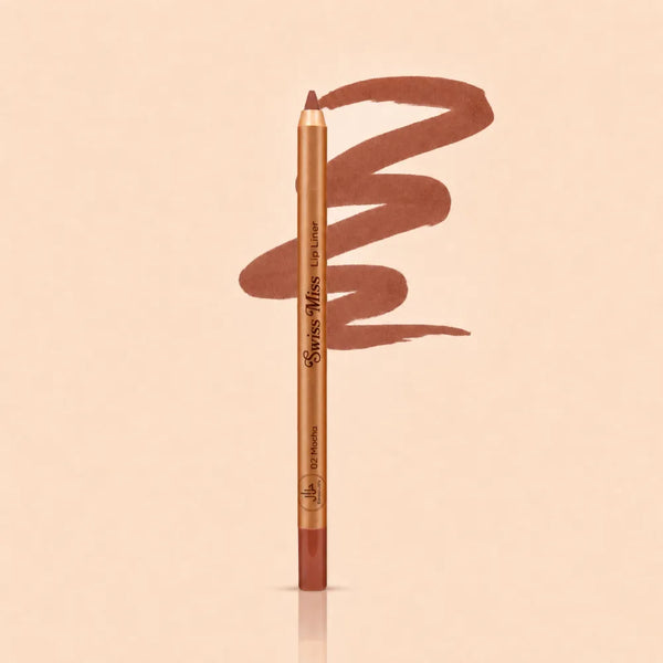 Swiss Miss Precision Lip Liner in shade 02 Mocha with gold packaging and a smooth mocha brown swatched line.