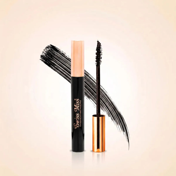 Swiss Miss water resistant black mascara tube with rose gold cap, open wand applicator, and textured black swatch background.