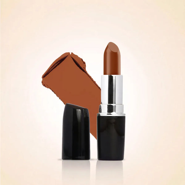 Swiss Miss Classic Lipstick in Chocolate M-521 open bullet tube displayed next to a rich warm brown color swatch streak.