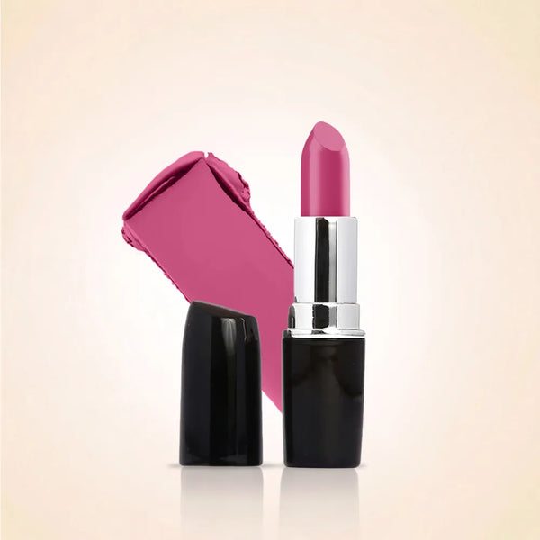 Swiss Miss Classic Lipstick in Flamingo Funk M-525 open bullet tube displayed next to a vibrant flamingo pink color swatch streak.