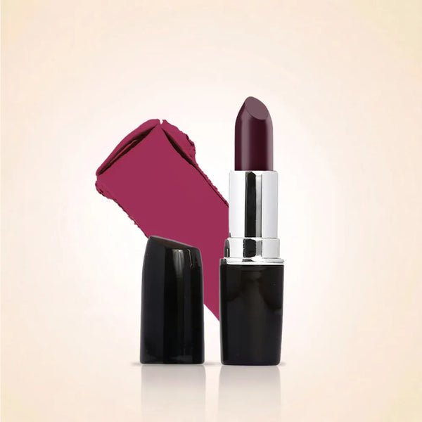 Swiss Miss Classic Lipstick in Grape Purple M-212 open bullet tube displayed next to a matching color swatch streak.