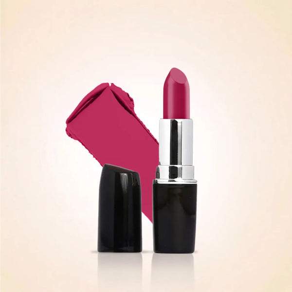 Swiss Miss Classic Lipstick in Mauve Berry M-513 open bullet tube displayed next to a bright berry magenta color swatch streak.