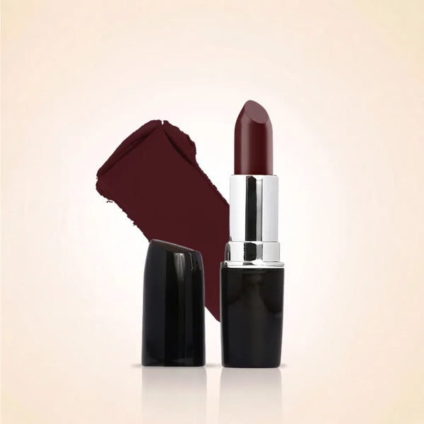 Swiss Miss Classic Lipstick in Satin M-214 open bullet tube displayed next to a dark wine swatch streak.