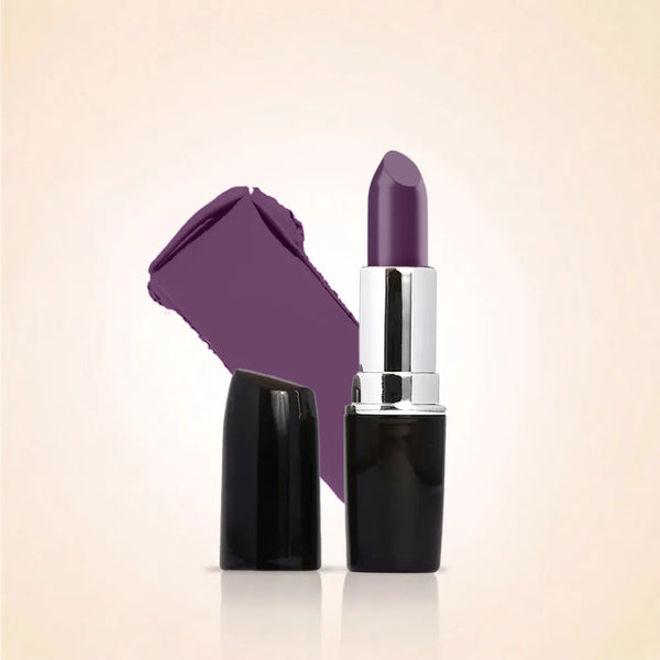 Swiss Miss Classic Lipstick in Violet Vibe M-516 open bullet tube displayed next to a deep purple color swatch streak.
