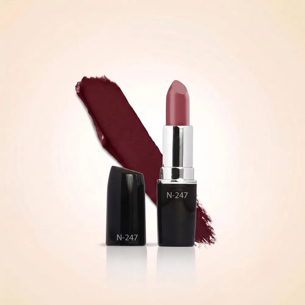 Swiss Miss Classic Lipstick in shade Blossom Pink M-247 featuring black bullet tube labeled N-247 with silver casing and a dark berry rose lipstick swatch.