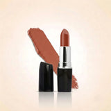 Swiss Miss Classic Lipstick in shade Burnt Peach M-50 featuring black bullet tube with silver casing and a warm burnt peach swatch.