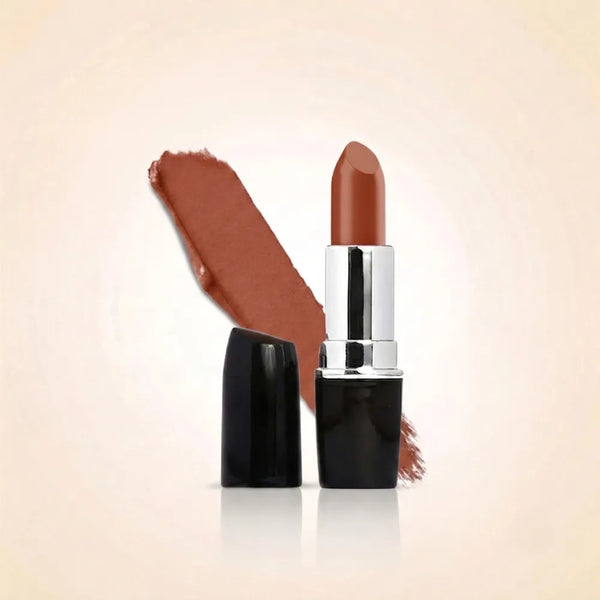 Swiss Miss Classic Lipstick in shade Copper Gold M-115 featuring black bullet tube with silver casing and a metallic copper brown lipstick swatch.