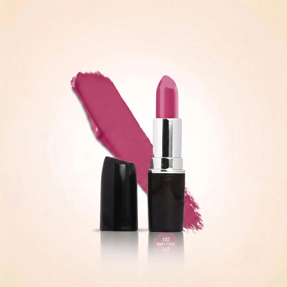 Swiss Miss Classic Lipstick in shade Flamingo Funk M-525 featuring black bullet tube with silver casing and a vibrant magenta pink lipstick swatch.