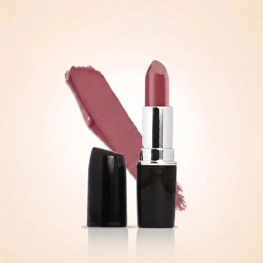 Swiss Miss Classic Lipstick in shade Flamingo Pink M-228 featuring black bullet tube with silver casing and a muted mauve pink lipstick swatch.