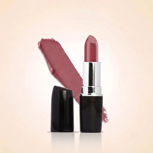 Swiss Miss Classic Lipstick in shade Flamingo Pink M-228 featuring black bullet tube with silver casing and a muted mauve pink lipstick swatch.