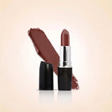 Swiss Miss Classic Lipstick in shade Flint M-242 featuring black bullet tube with silver casing and a deep warm rosy brown lipstick swatch.