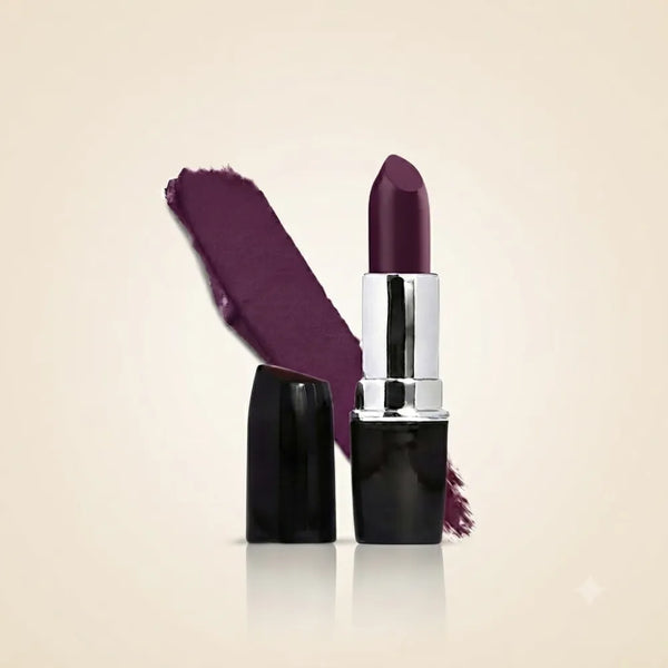 Swiss Miss Classic Lipstick in shade Grape Purple M-212 featuring black bullet tube with silver casing and a deep grape purple lipstick swatch.