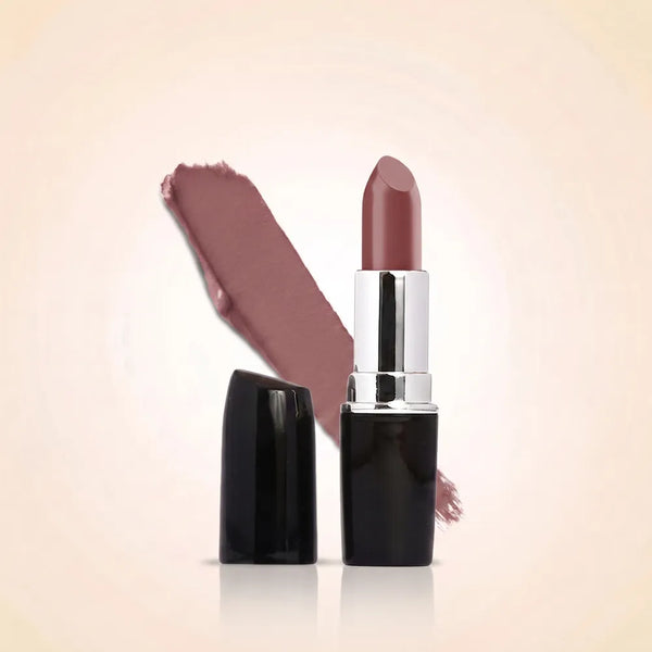 Swiss Miss Classic Lipstick in shade Lilac Sizzle M-250 featuring black bullet tube with silver casing and a muted dusty lilac pink lipstick swatch.
