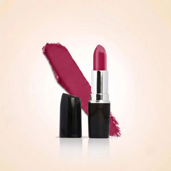 Swiss Miss Classic Lipstick in shade Mauve Berry M-513 featuring black bullet tube with silver casing and a deep rich mauve berry lipstick swatch.