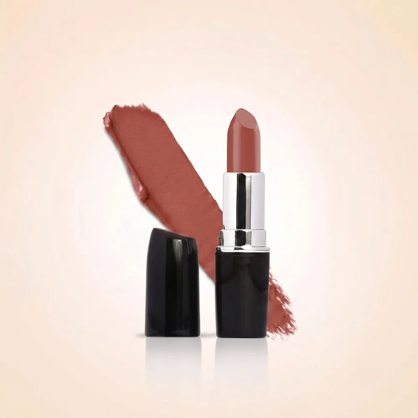 Swiss Miss Classic Lipstick in shade Misty Mauve M-507 featuring black bullet tube with silver casing and a warm dusty mauve nude lipstick swatch.