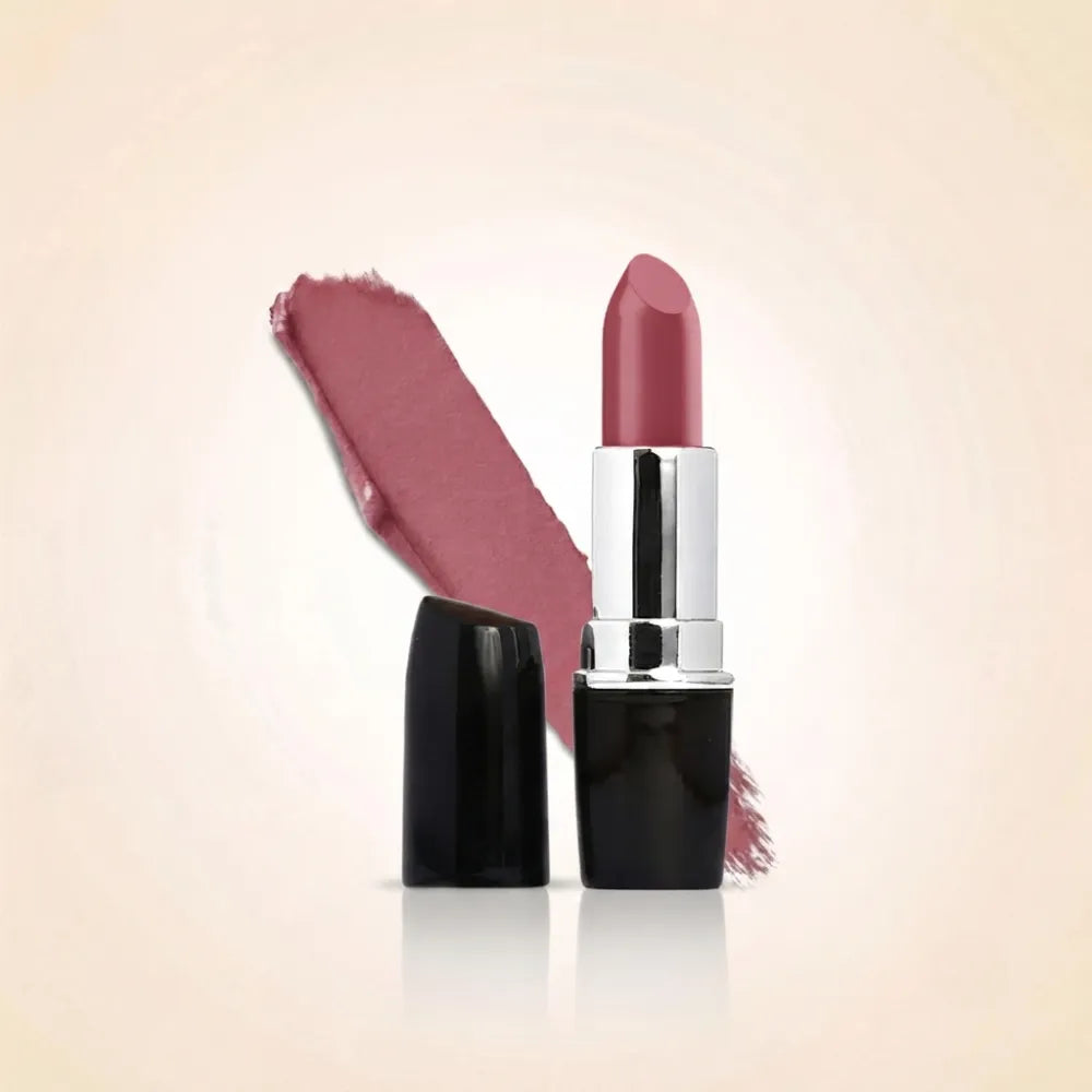 Swiss Miss Classic Lipstick in shade Pretty Pink M-263 featuring black bullet tube with silver casing and a soft mauve pink lipstick swatch.