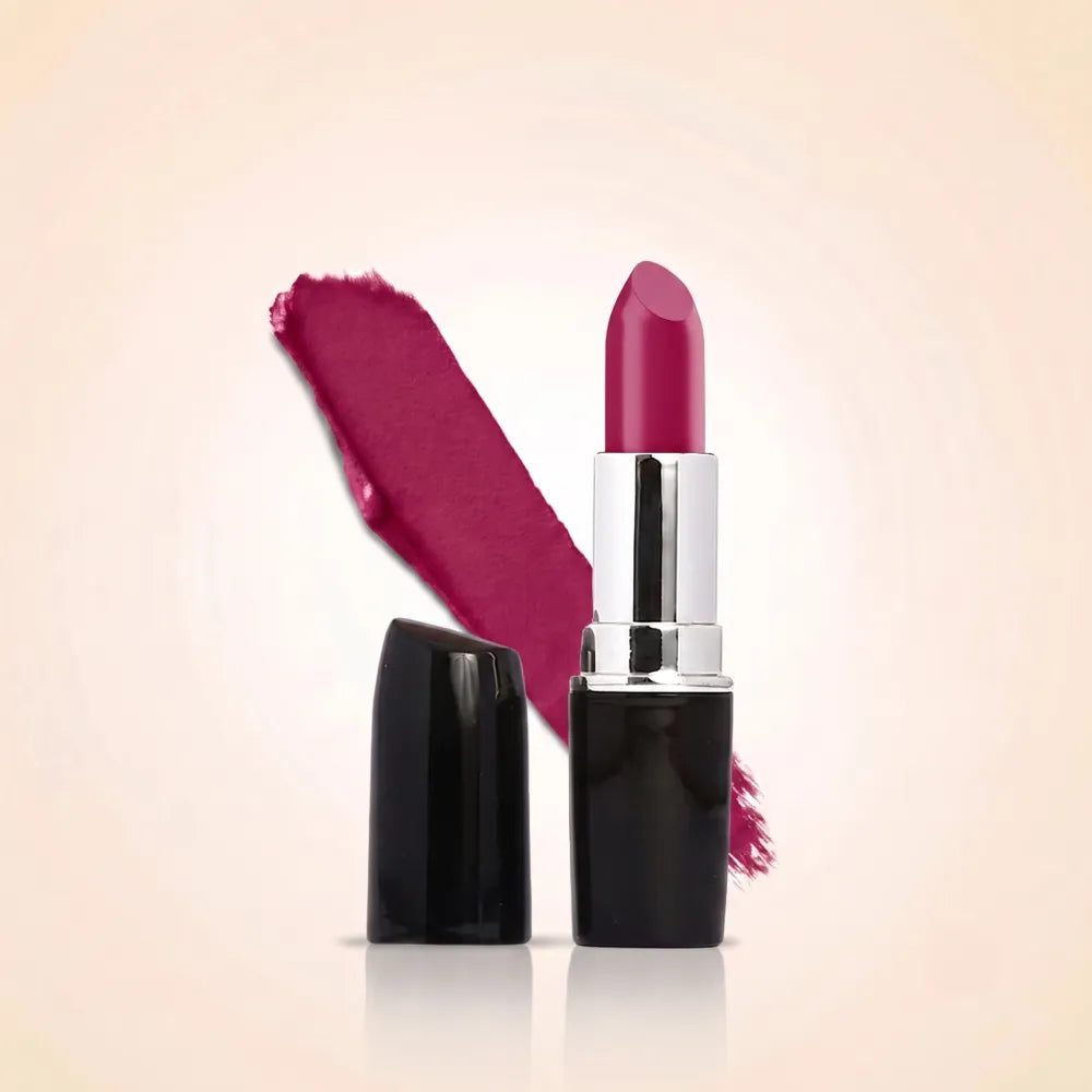 Swiss Miss Classic Lipstick in shade Raspberry Rose M-257 featuring black bullet tube with silver casing and a vibrant magenta raspberry pink lipstick swatch.