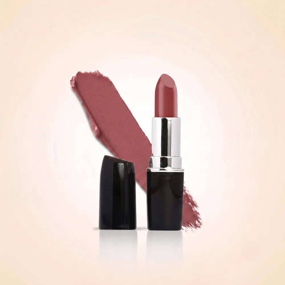 Swiss Miss Classic Lipstick in shade Rose Wood M-245 featuring black bullet tube with silver casing and a muted rose brown lipstick swatch.