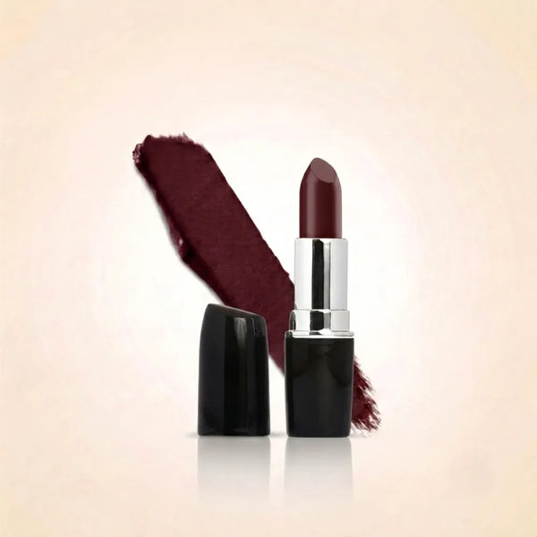 Swiss Miss Classic Lipstick in shade Satin M-214 featuring black bullet tube with silver casing and a dark burgundy plum lipstick swatch.