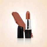 Swiss Miss Classic Lipstick in shade Terracotta M-208 featuring black bullet tube with silver casing and a warm terracotta brown lipstick swatch.