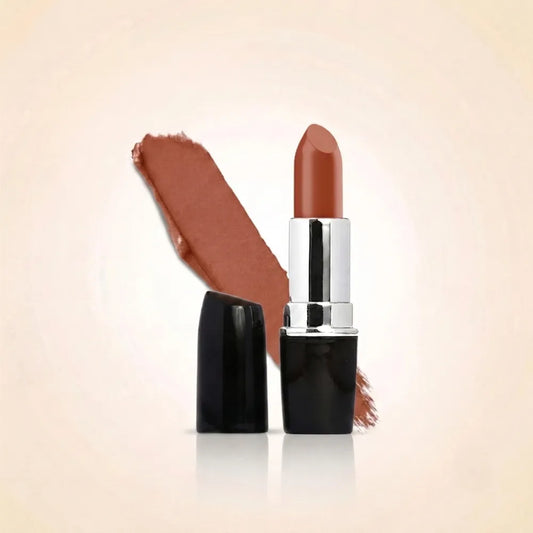 Swiss Miss Classic Lipstick in shade Terracotta M-208 featuring black bullet tube with silver casing and a warm terracotta brown lipstick swatch.