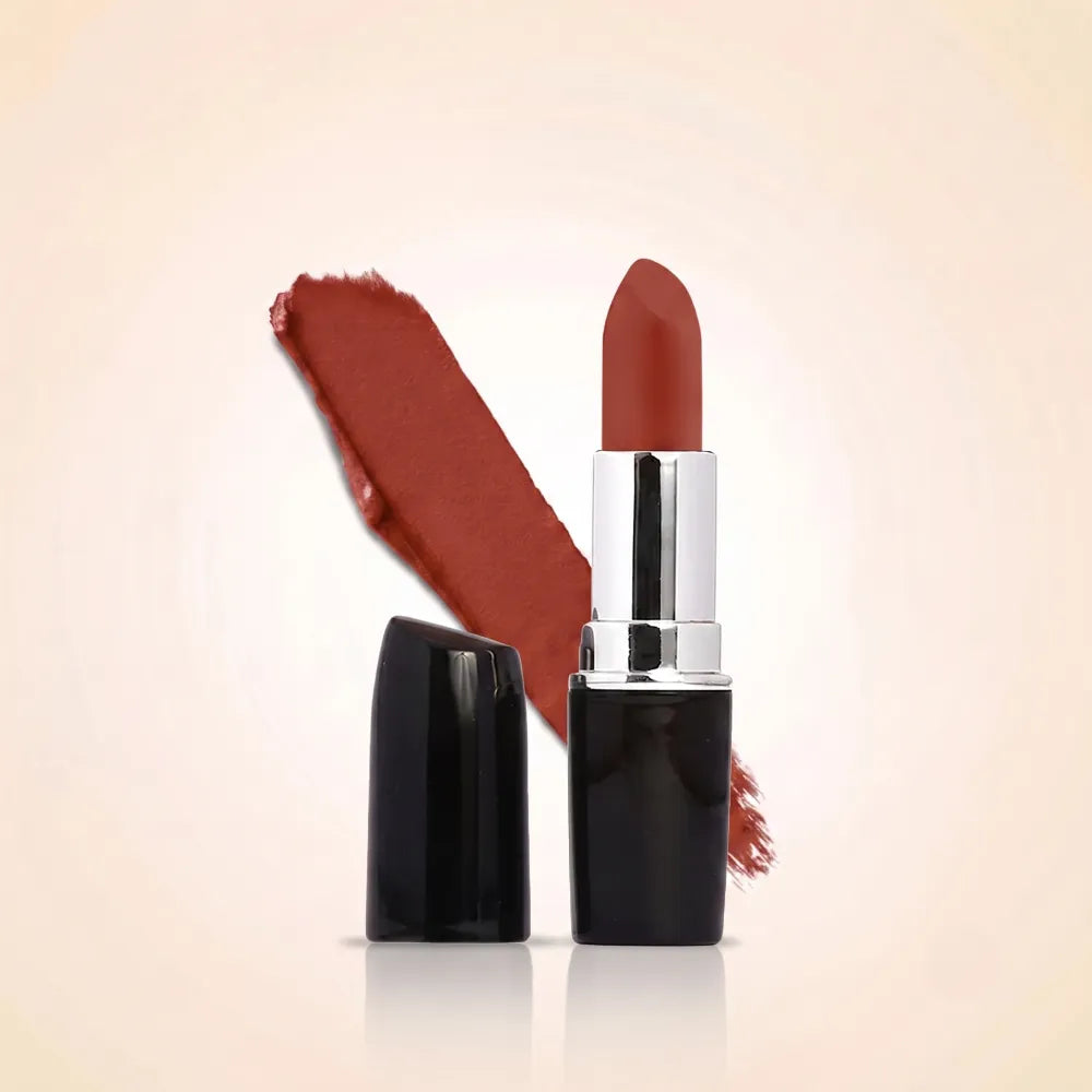 Swiss Miss Classic Lipstick in shade True Maroon M-284 featuring black bullet tube with silver casing and a warm terracotta maroon lipstick swatch.