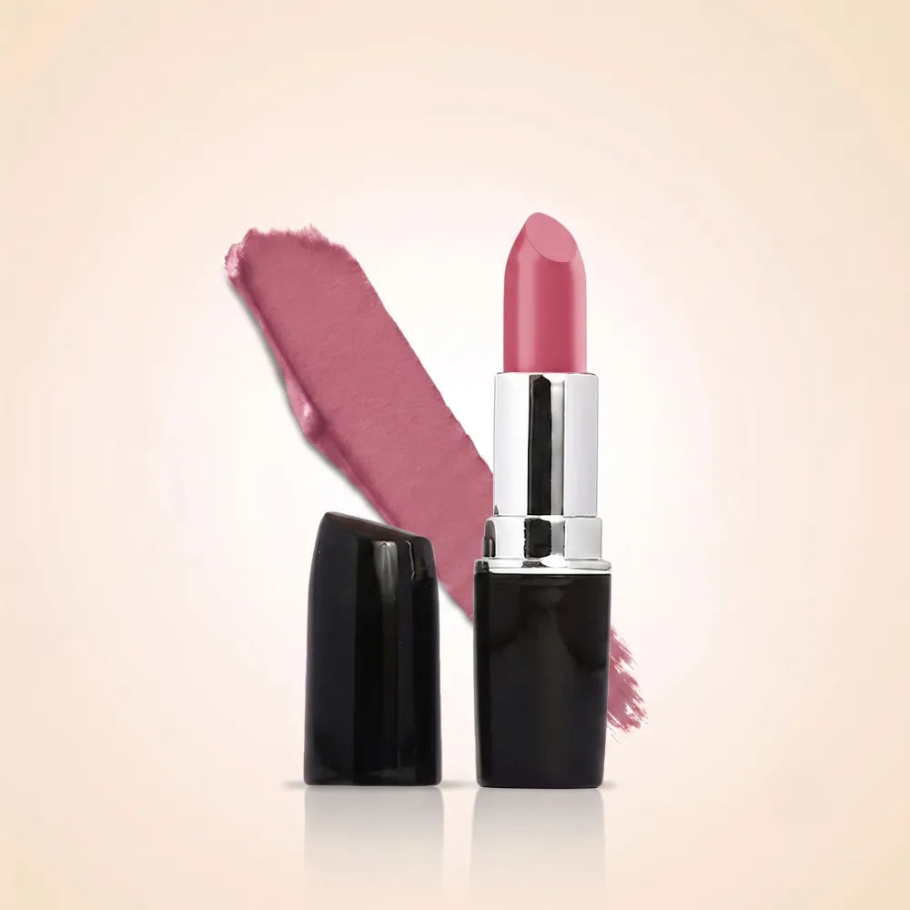 Swiss Miss Classic Lipstick in shade True Pink M-271 featuring black bullet tube with silver casing and a medium rosy pink lipstick swatch.