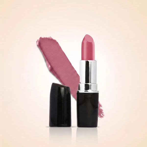 Swiss Miss Classic Lipstick in shade True Pink M-271 featuring black bullet tube with silver casing and a medium rosy pink lipstick swatch.