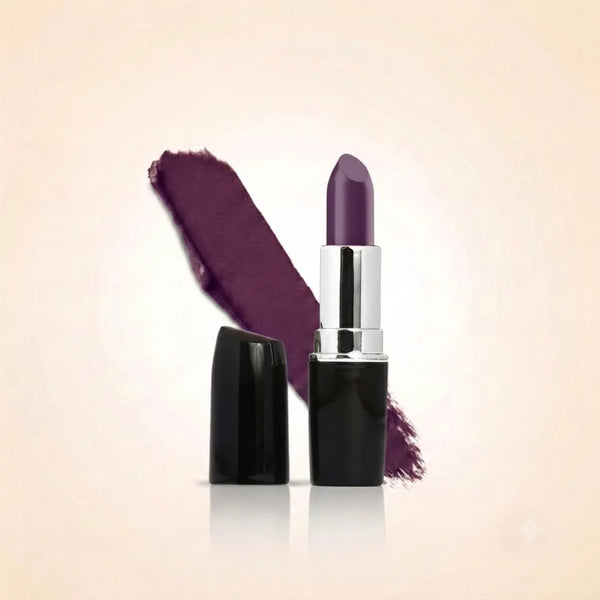 Swiss Miss Classic Lipstick in shade Violet Vibe M-516 featuring black bullet tube with silver casing and a deep rich dark violet purple lipstick swatch.