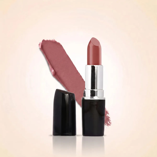 Swiss Miss Classic Lipstick in shade Viva Glam M-235 featuring black bullet tube with silver casing and a warm dusty nude pink lipstick swatch.