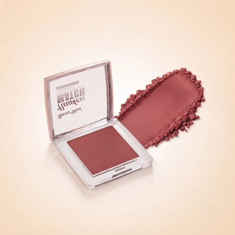 Swiss Miss Flawless Match clear compact blush in shade SM 001 Natural Peach with embossed logo and powder swatch.