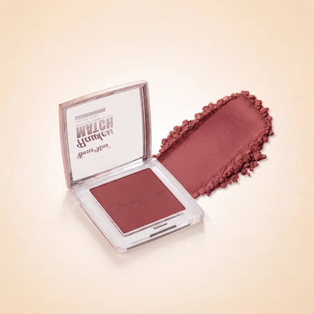 Swiss Miss Flawless Match clear compact blush in shade SM 002 Glamorous Rose with embossed logo and textured rose powder swatch.