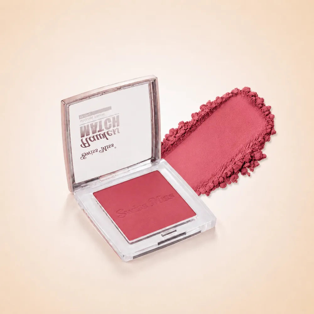 Swiss Miss Flawless Match clear compact blush in shade SM 003 Romantic Pink with embossed logo and soft pink powder swatch.