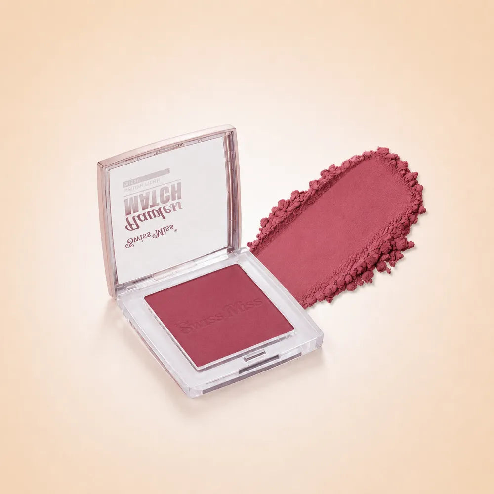 Swiss Miss Flawless Match clear compact blush in shade SM 004 Grace Berry with embossed logo and deep berry powder swatch.