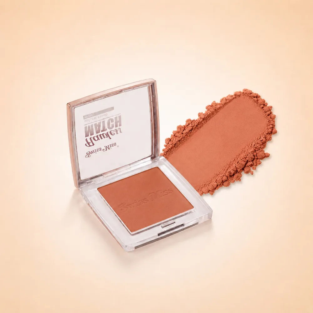 Swiss Miss Flawless Match clear compact blush in shade SM 005 Natural Bronze with embossed logo and warm bronze powder swatch.