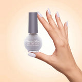 Swiss Miss Get Set Go Quick Dry Nail Enamel in shade Milky White 292 held by hand showing round glass bottle with smooth soft milky white polish and matching manicured nails.