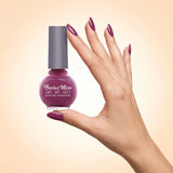 Swiss Miss Get Set Go Quick Dry Nail Enamel in shade Raspberry Rose 257 held by hand showing round glass bottle with rich raspberry plum rose polish and matching manicured nails.