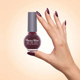Swiss Miss Get Set Go Quick Dry Nail Enamel in shade True Maroon 284 held by hand showing round glass bottle with rich deep plum maroon polish and matching manicured nails.