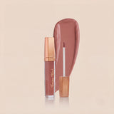 Swiss Miss High Shine Lip Gloss in shade 101 Rosy Glow featuring rose gold cap, applicator wand, and dusty rose lip gloss swatch.