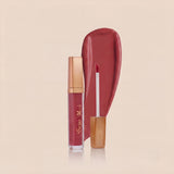 Swiss Miss High Shine Lip Gloss in shade 104 Rose Allure featuring rose gold cap, applicator wand, and deep rose caramel lip gloss swatch.