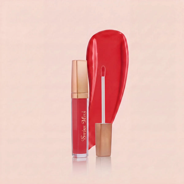 Swiss Miss High Shine Lip Gloss in shade 107 Red Pop featuring rose gold cap, applicator wand, and vibrant red lip gloss swatch.