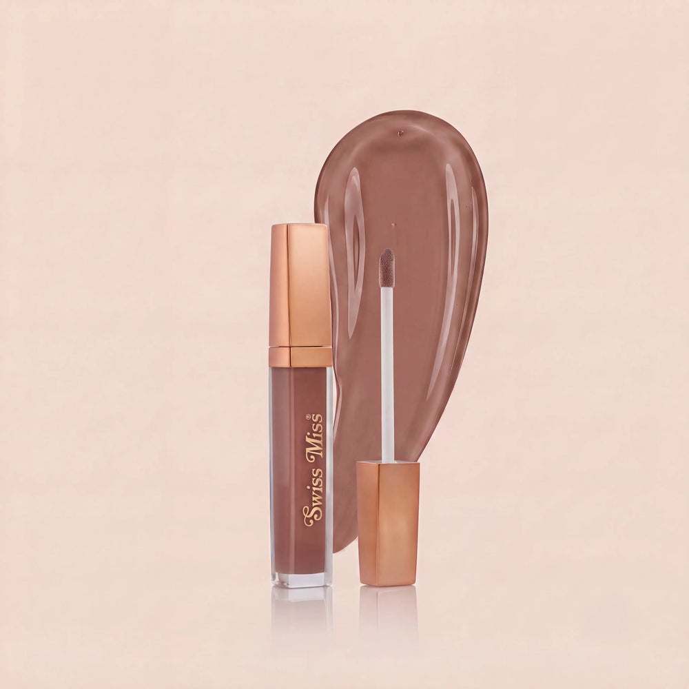 Swiss Miss High Shine Lip Gloss in shade 108 Coca Dusk featuring rose gold cap, applicator wand, and rich cocoa brown lip gloss swatch.
