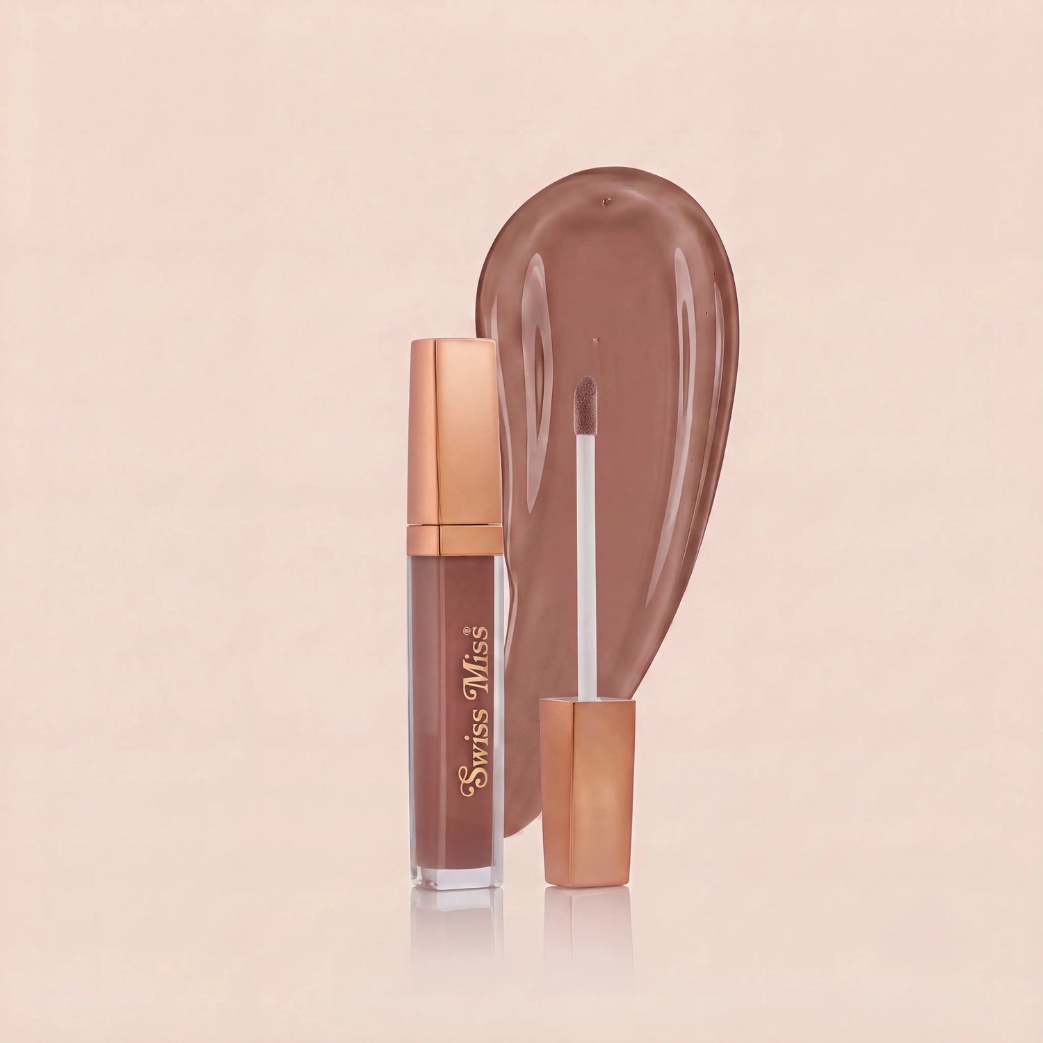 Swiss Miss High Shine Lip Gloss in shade 108 Coca Dusk featuring rose gold cap, applicator wand, and rich cocoa brown lip gloss swatch.