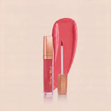 Swiss Miss High Shine Lip Gloss in shade 105 Candy Pop featuring rose gold cap, applicator wand, and vibrant candy pink lip gloss swatch.